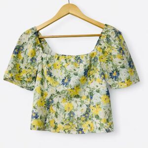 Abercrombie & Fitch Puff Sleeve Floral Linen Blend Crop Top Small